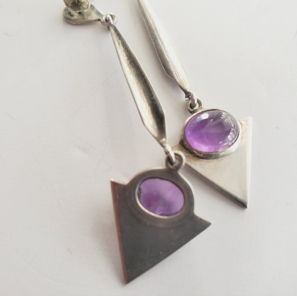 Modernist Sterling Silver 925 Amethyst Dangle Earrings signed - Picture 4 of 6